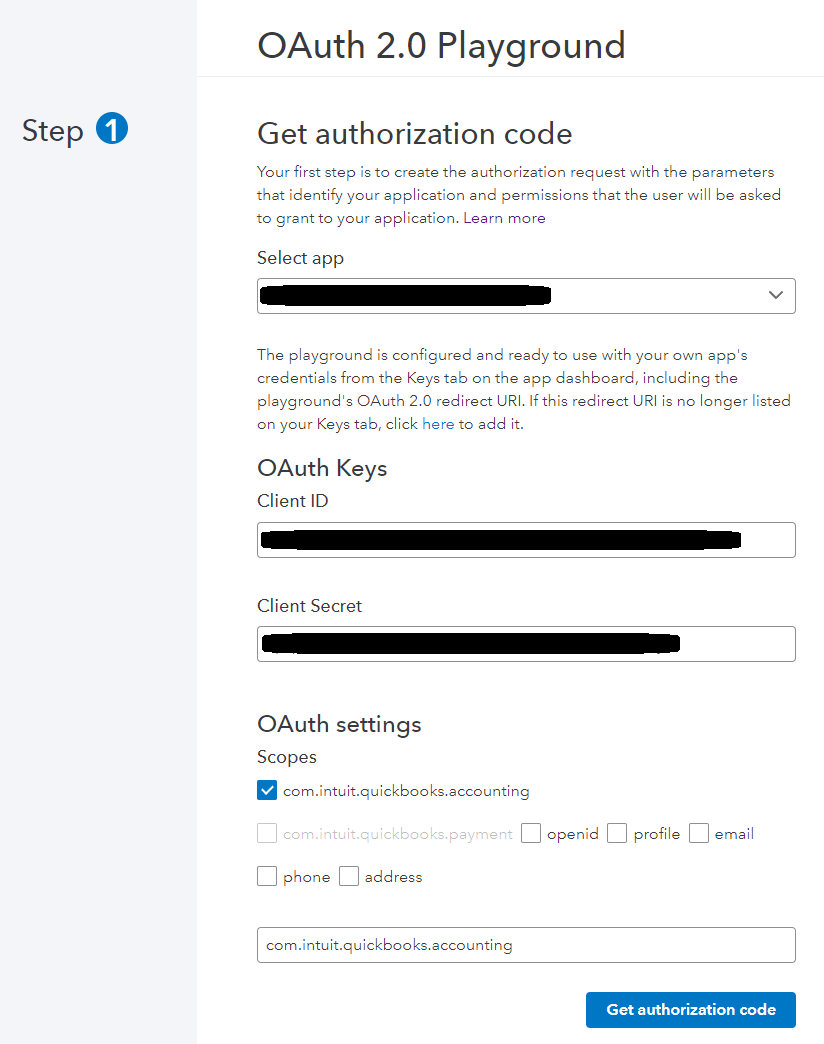Intuit OAuth 2.0 Playground Step 1